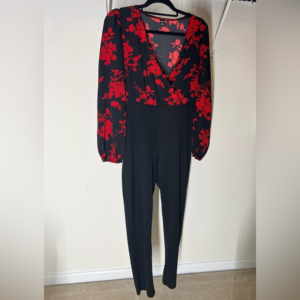 SHEIN Black Jumpsuit with Red Floral Design